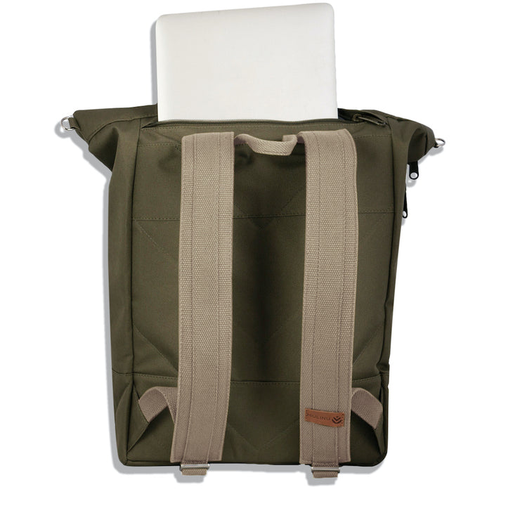 MULINU | Rucksäcke und Taschen für die Entdecker | Rucksack CLASSIC ALBERT 2 Olive | Produktfoto Rückseite mit Laptoptasche